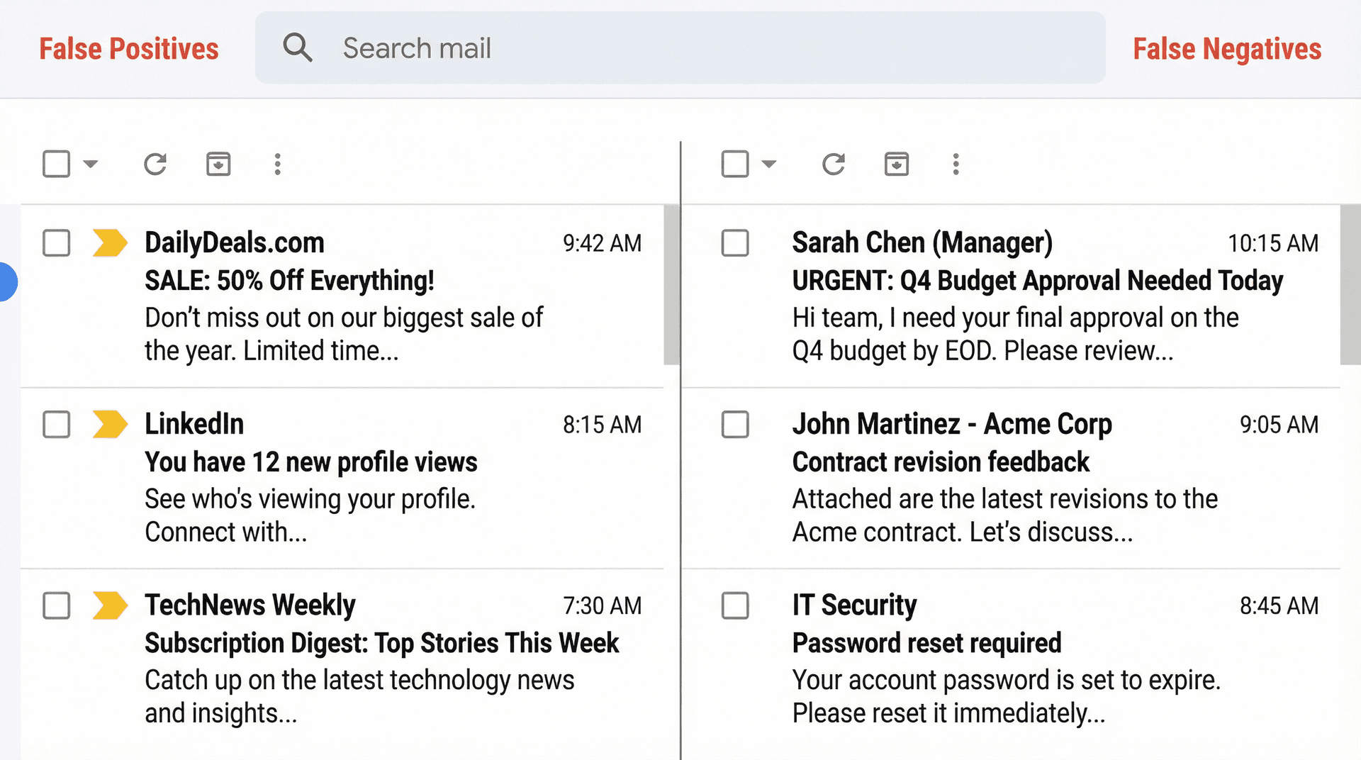 Gmail inbox showing important markers incorrectly applied to newsletters while critical boss email remains unmarked