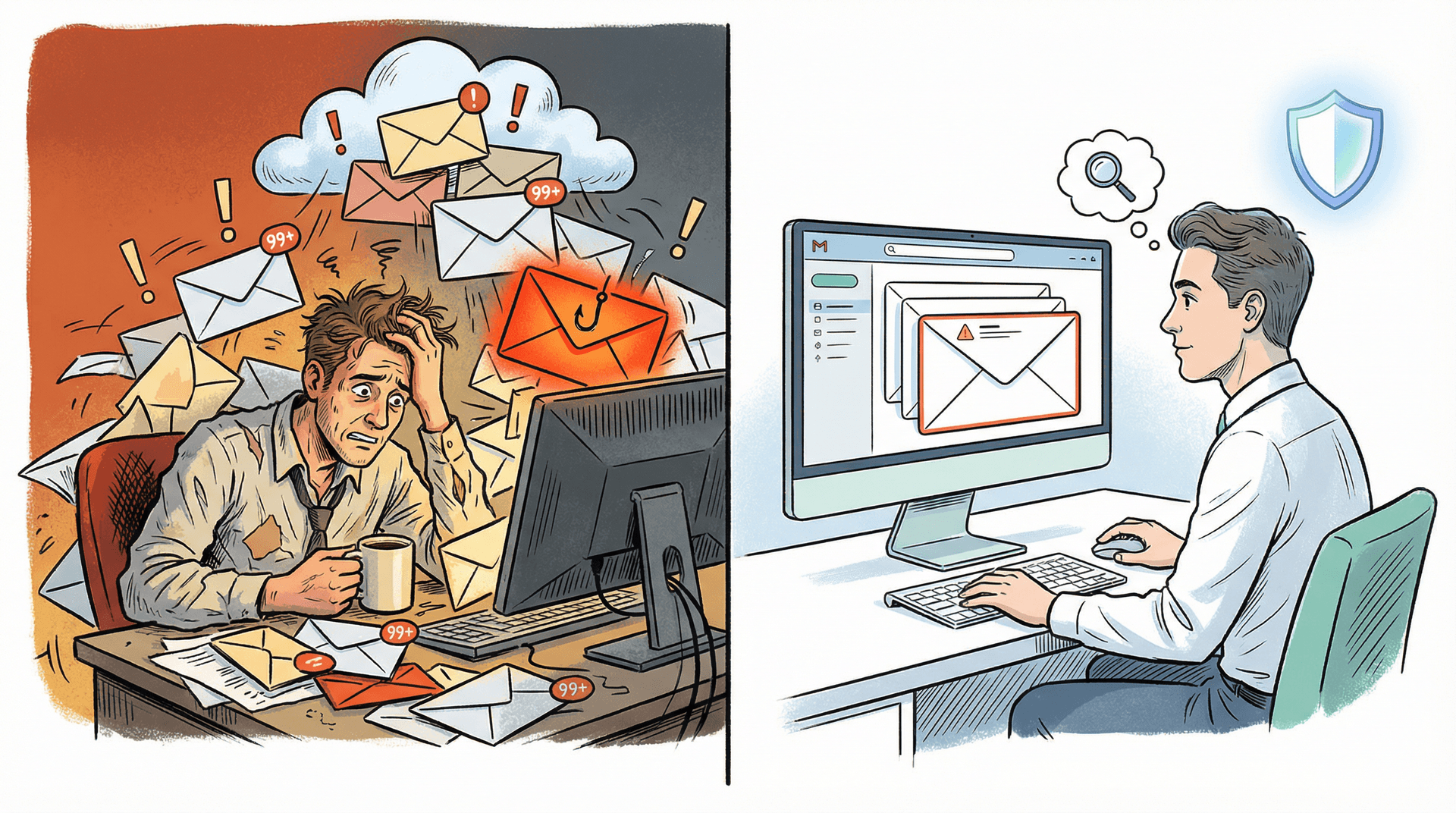 Inbox overload hides phishing in chaos; a clean inbox makes suspicious emails immediately obvious — editorial illustration