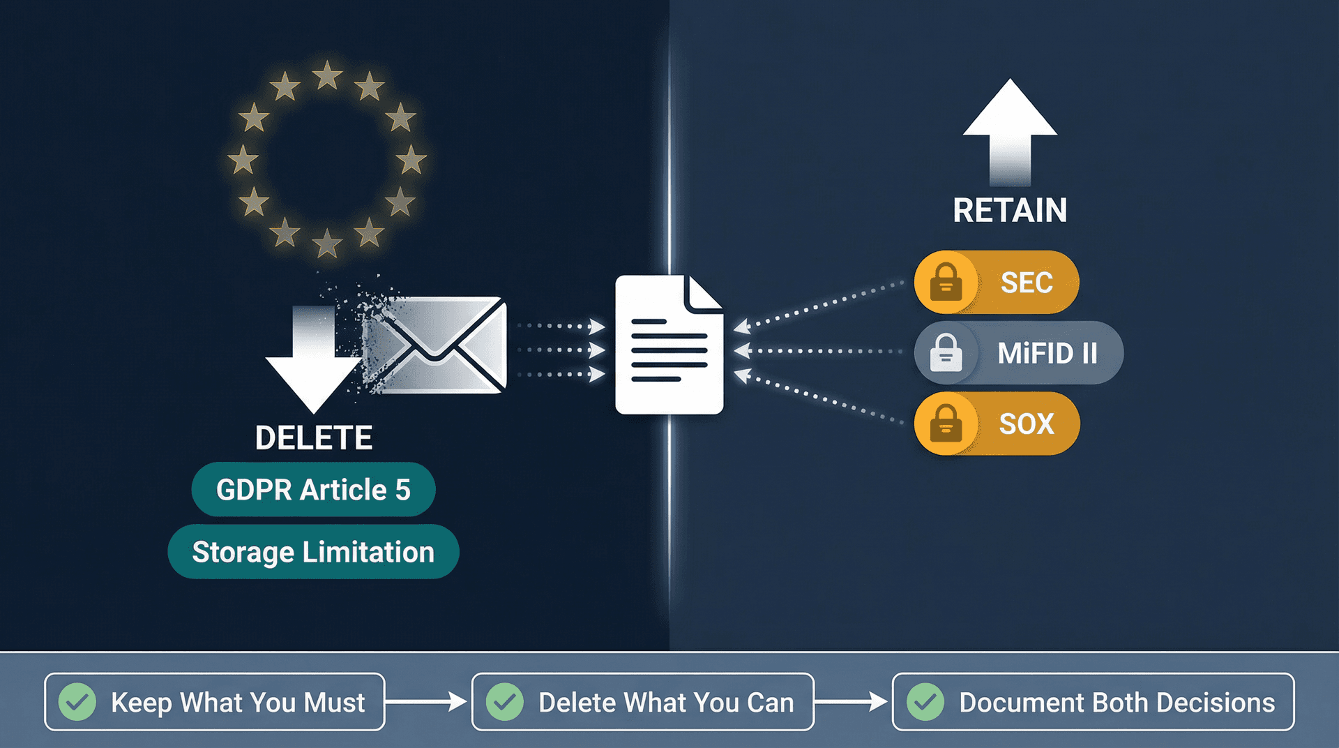 Illustration of GDPR deletion requirements pulling against SEC, MiFID II, and SOX retention mandates, with a structured retention-and-deletion schedule as the resolution