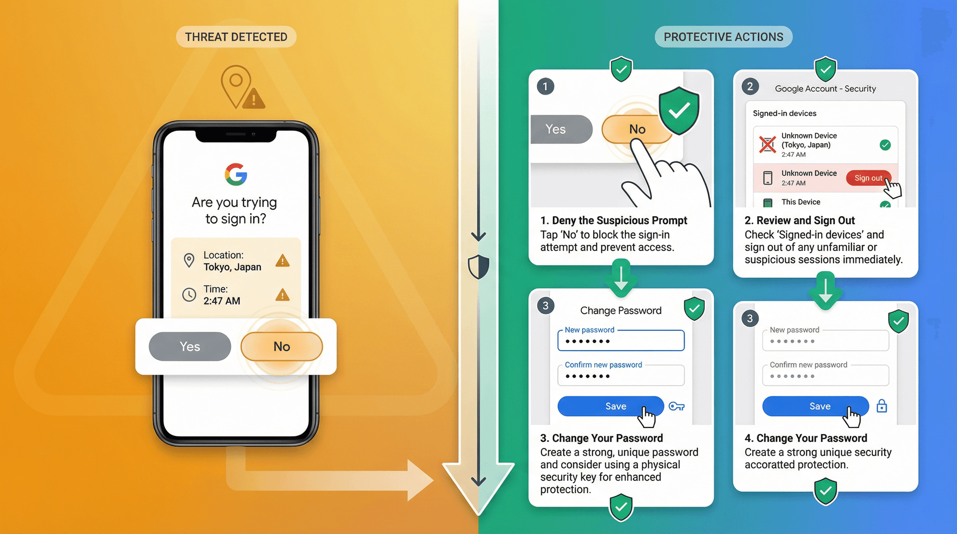 Split-screen security guide showing unauthorized Google Prompt on left and defensive response actions on right