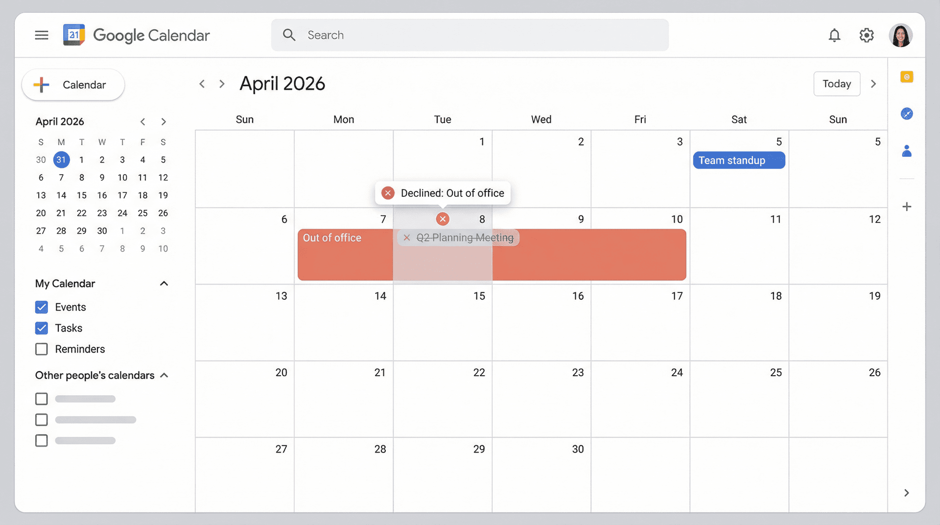 Google Calendar with an Out of Office event block spanning a work week, showing an automatically declined meeting invite